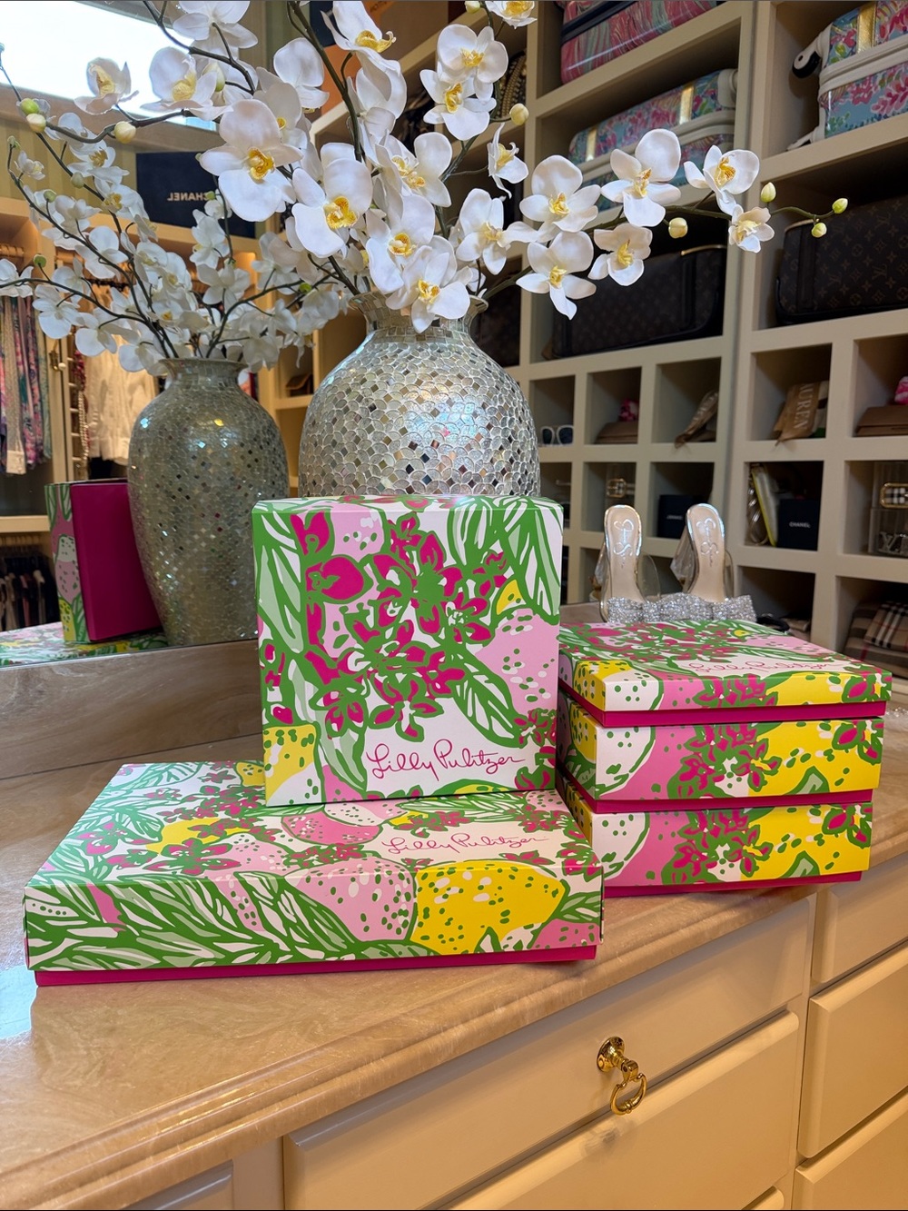 Lilly Pulitzer Set Of 5 Floral Gift Boxes In Pink, Yellow, And Green